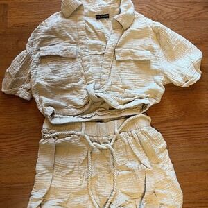 Thread Story Double Gauze Cotton Matching Set Oatmeal Crop Top Shorts Size M